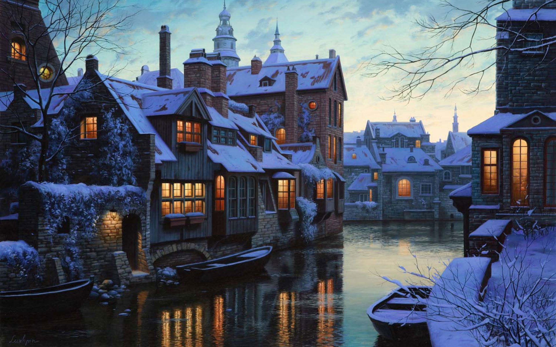 eugene lushpin twilight in bruges painting eugene lushpin belgium bruges twilight snow winter houses lanterns river boats lushpin winter