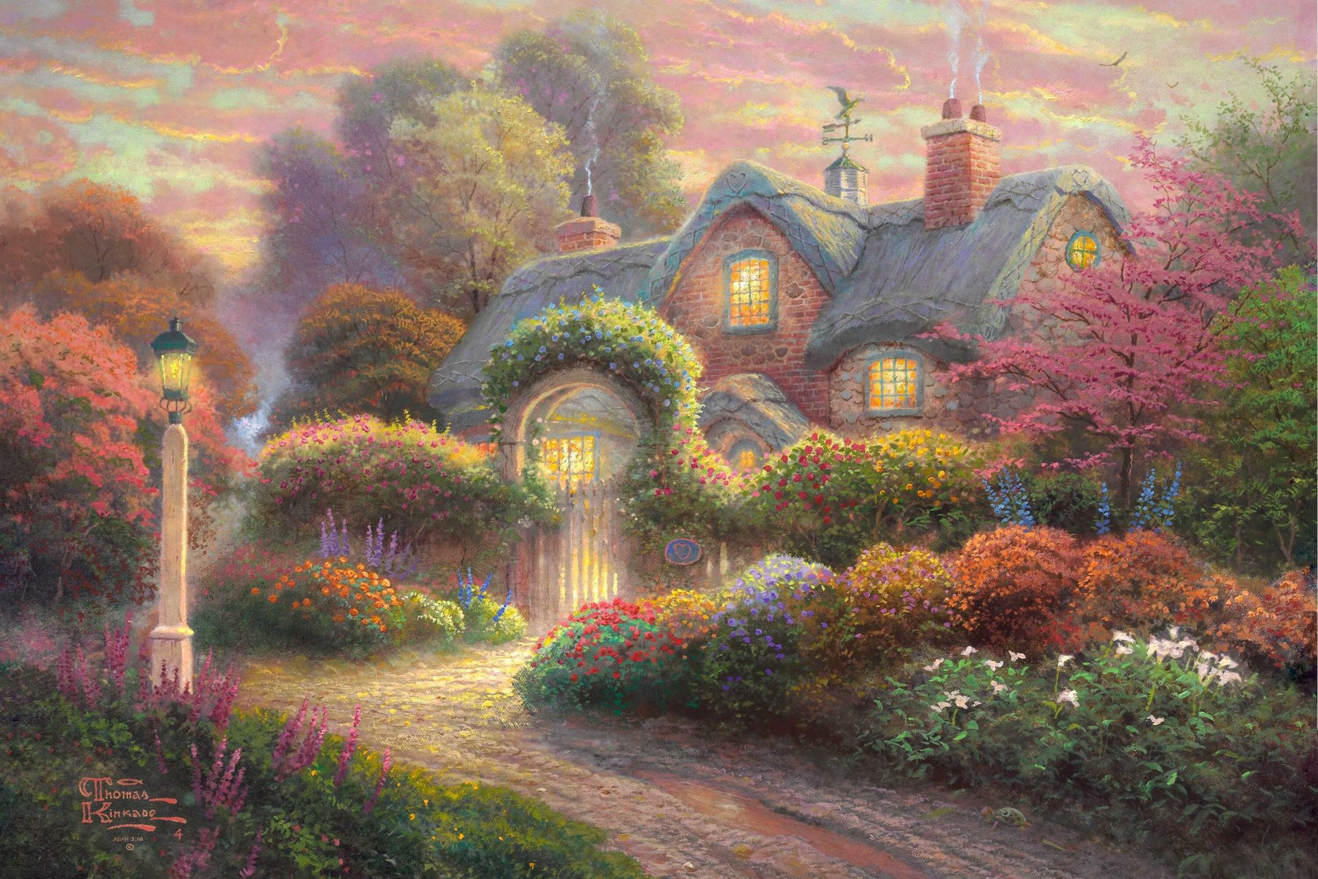 bocciolo di rosa cottage thomas kincaid pittura cottage fiori giardino lanterna banderuola