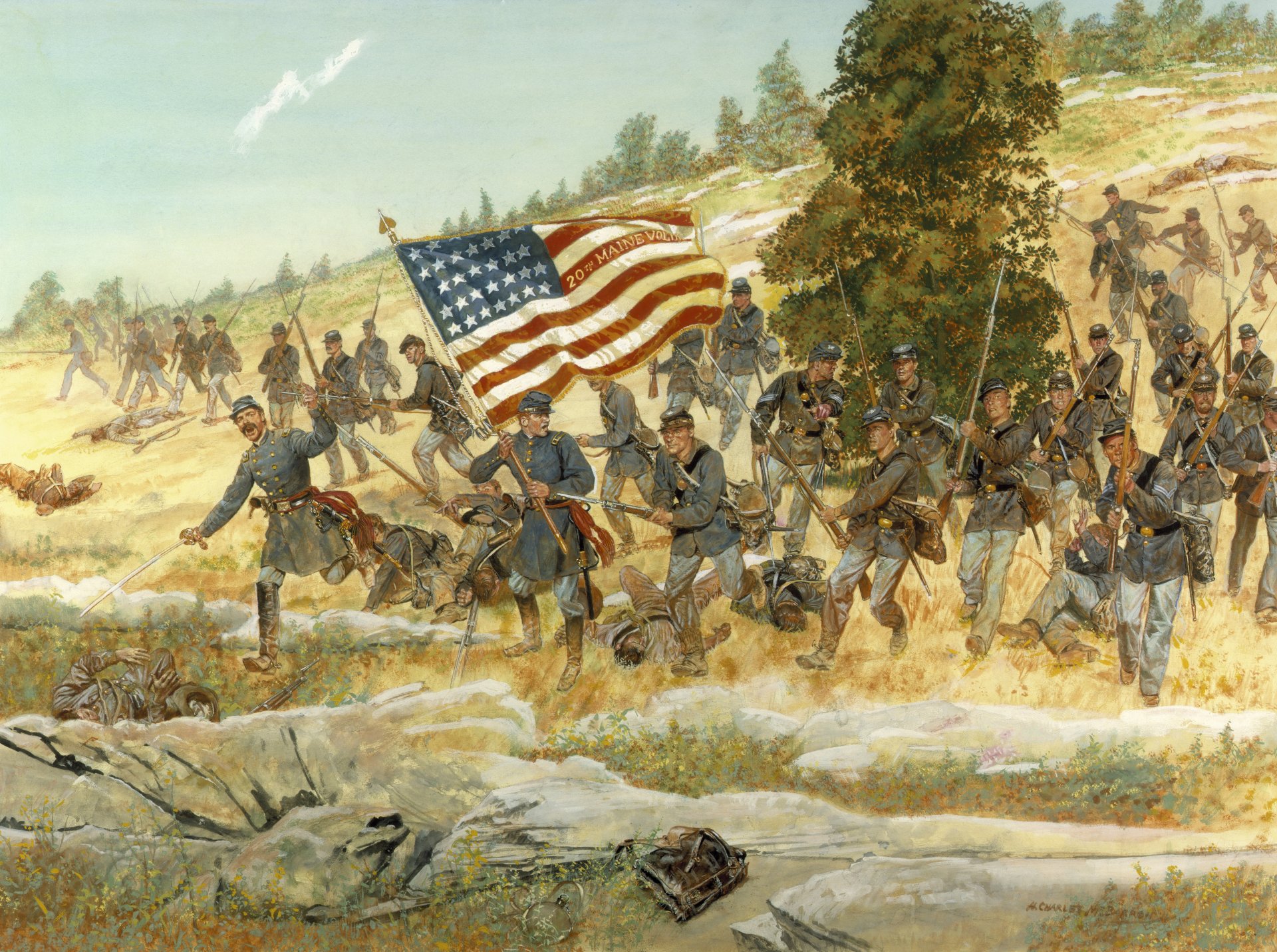 ventesimo maine americani fuggono gettysburg pennsylvania luglio 2 1863..il battaglia di gettysburg il più grande cavboys bandiera america