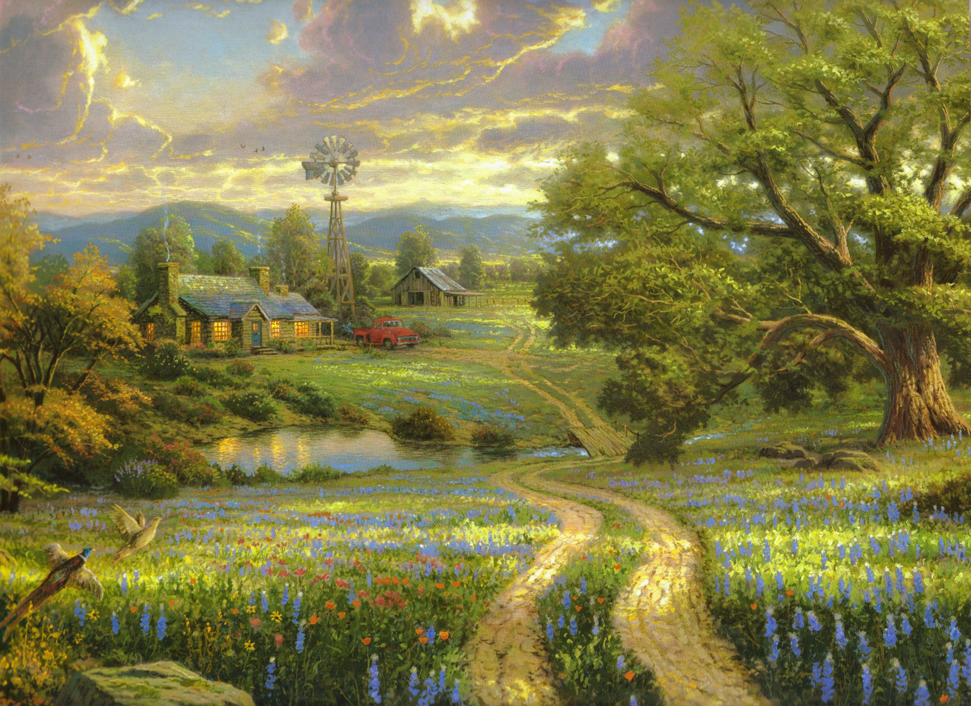 the country lives thomas kincaid painting tree lake flowers house weather vane large field bridge wooden car birds mountains nature