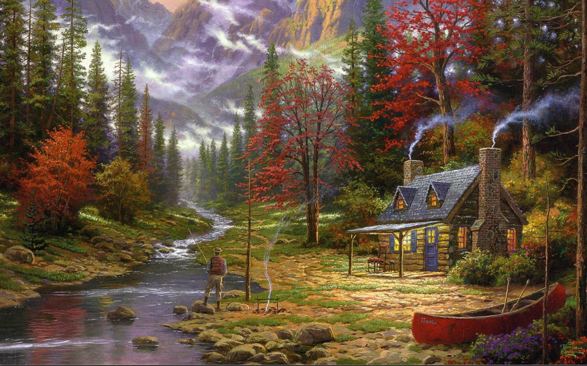 thomas kinkade la buena vida pintura montañas río pescador bosque abeto casa cabaña cabaña barco pintura pinturas dibujo dibujos arte