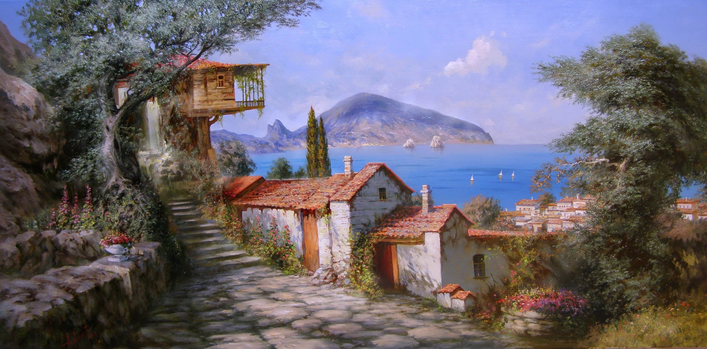 milyukov alexander sol gurzuf crimea mar vela casas montaña flores alegría verano árbol pintura pintura belleza paraíso