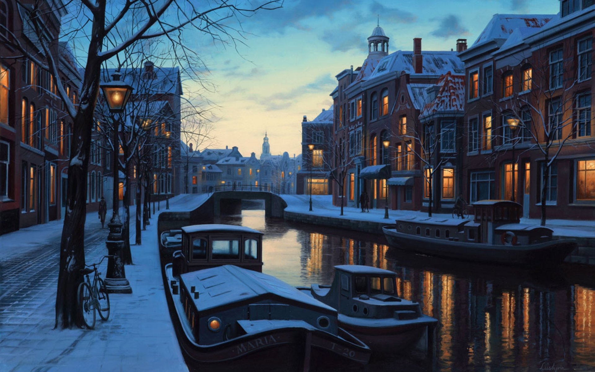 invierno crepúsculo eugene lushpin pintura amsterdam países bajos holanda barcos noche linternas nieve lushpin río crepúsculo invierno eugene lushpin lushpin invierno casa puente bicicleta luces