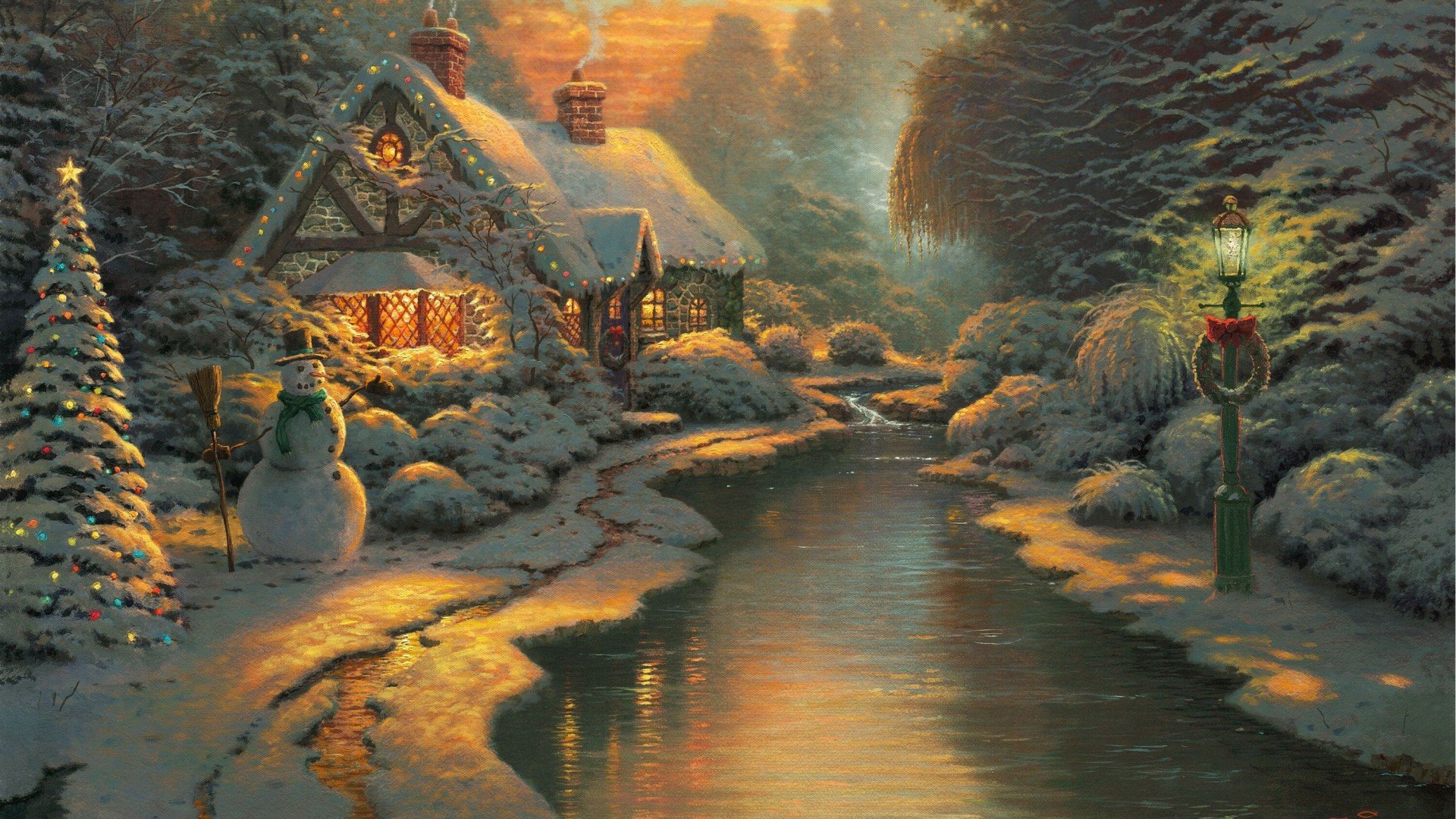 landscapes thomas kincaid christmas christmas evening new year house fairy snowman river lantern lights light in the window forest winter snow drawing painting