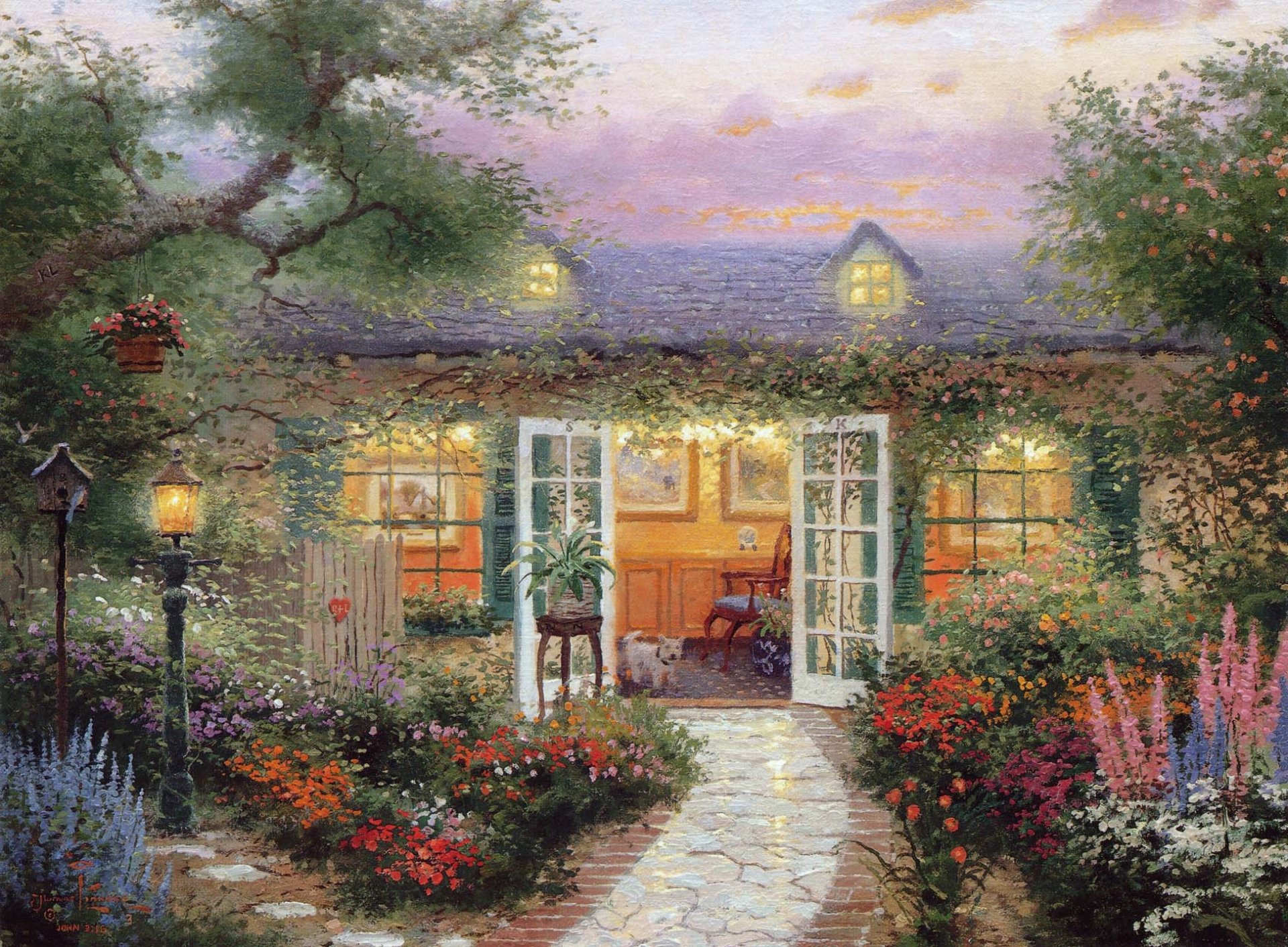 thomas kincaid kincaid estate cottage casetta veranda cane pittura pittura fiori lanterna luce sera tramonto finestre porta aperto comfort calore silenzio calma uccelli armonia