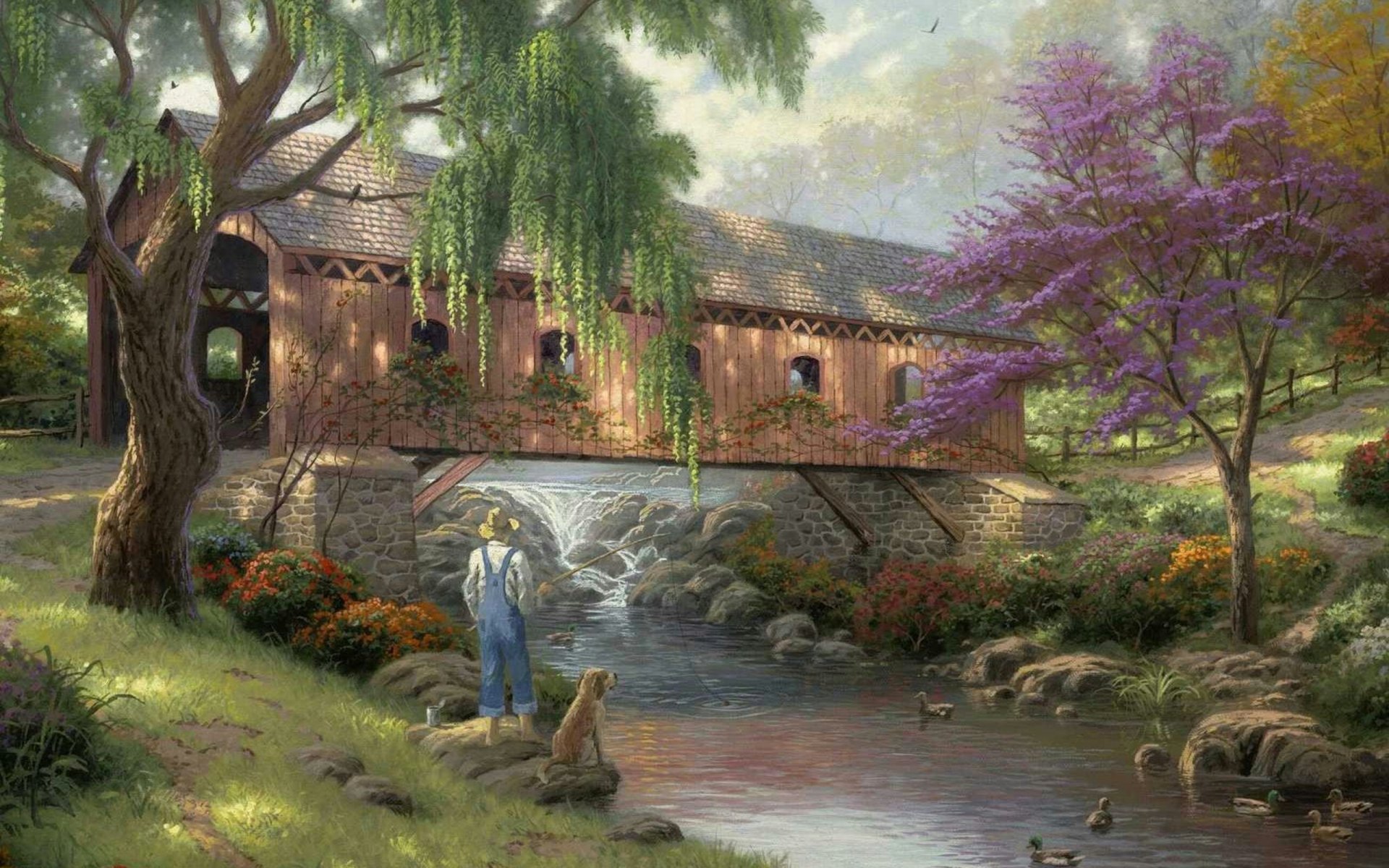 old fishin hole thomas kinkade painting art bridge river nature duck fisherman fishing indoor a fisherman dog