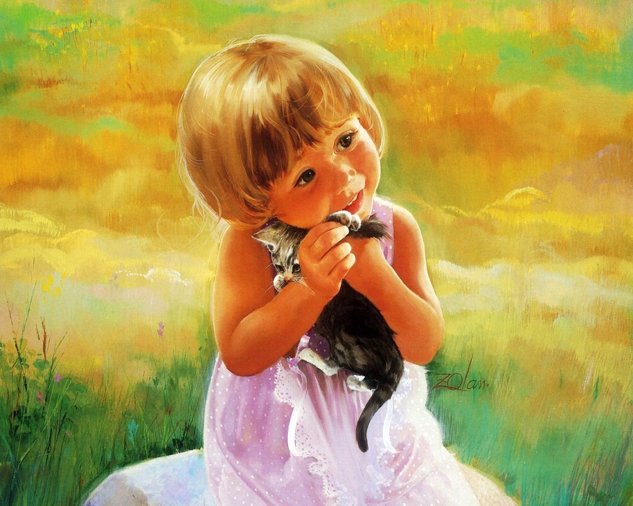 girl child kitten picture painting