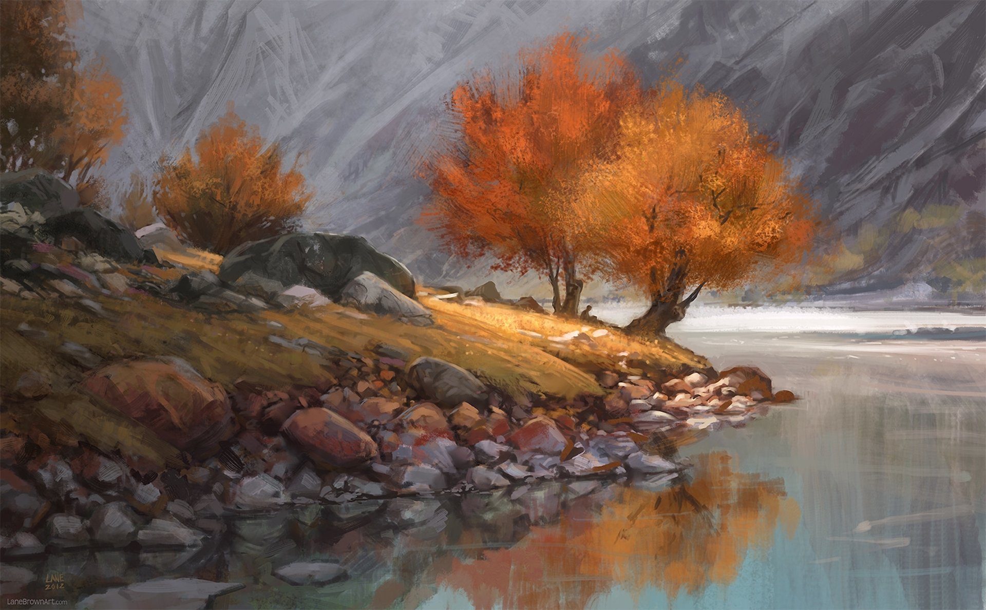 art beach stones tree man sitting one loneliness autumn mountain lake river