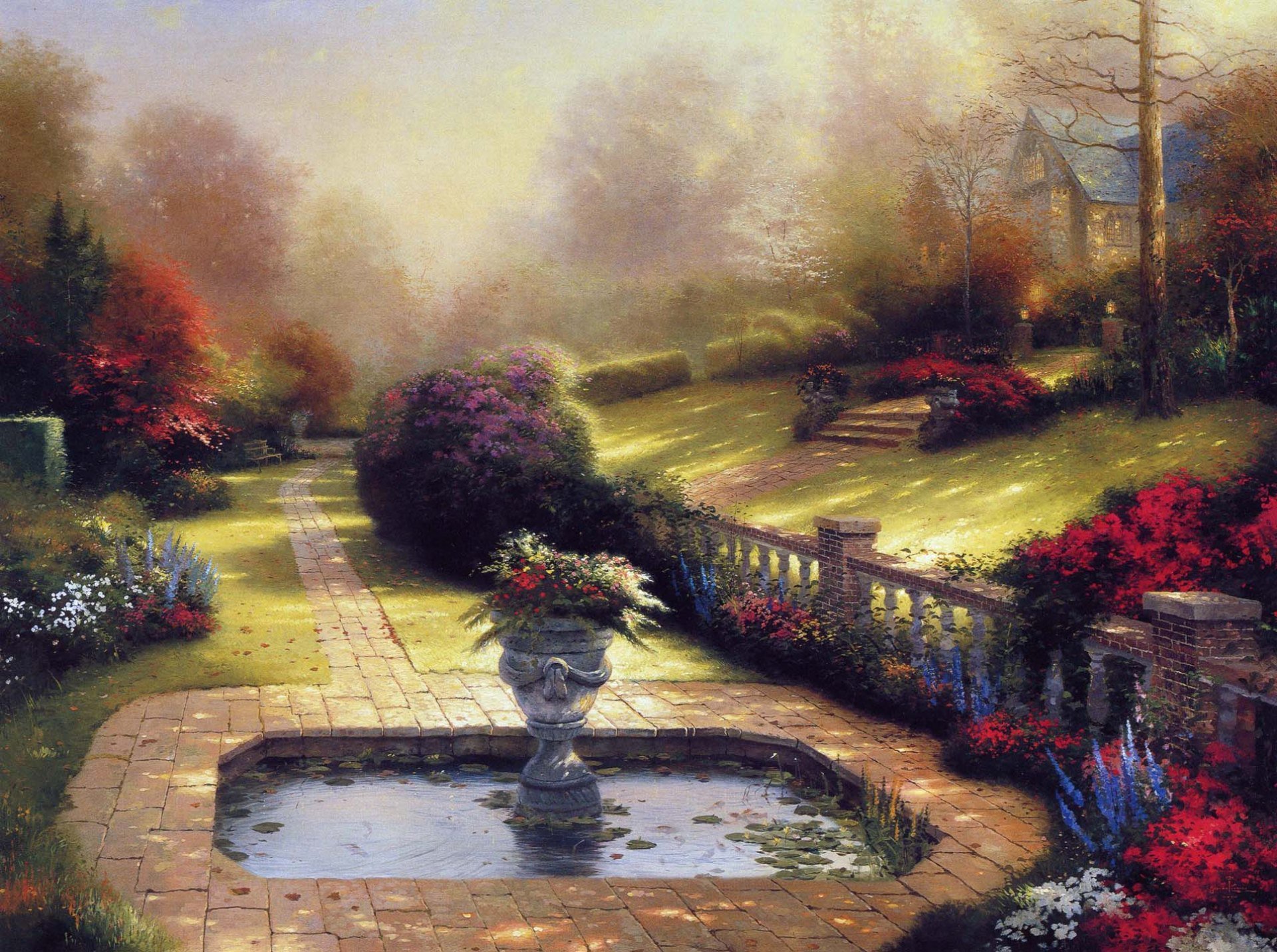 thomas kinkade verano cabaña casa flores estanque florero pintura pintura