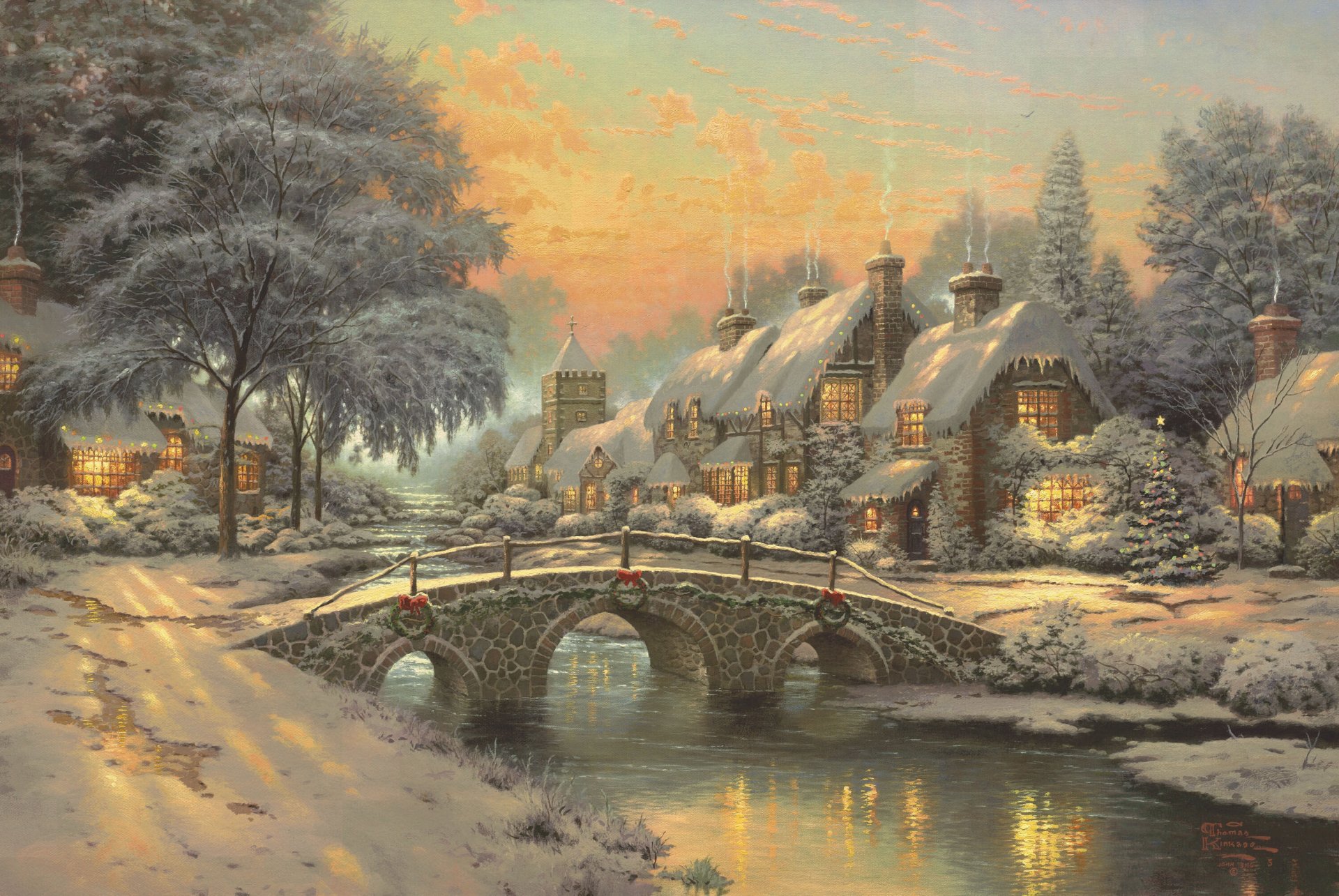 christmas town homes painting thomas kinkade