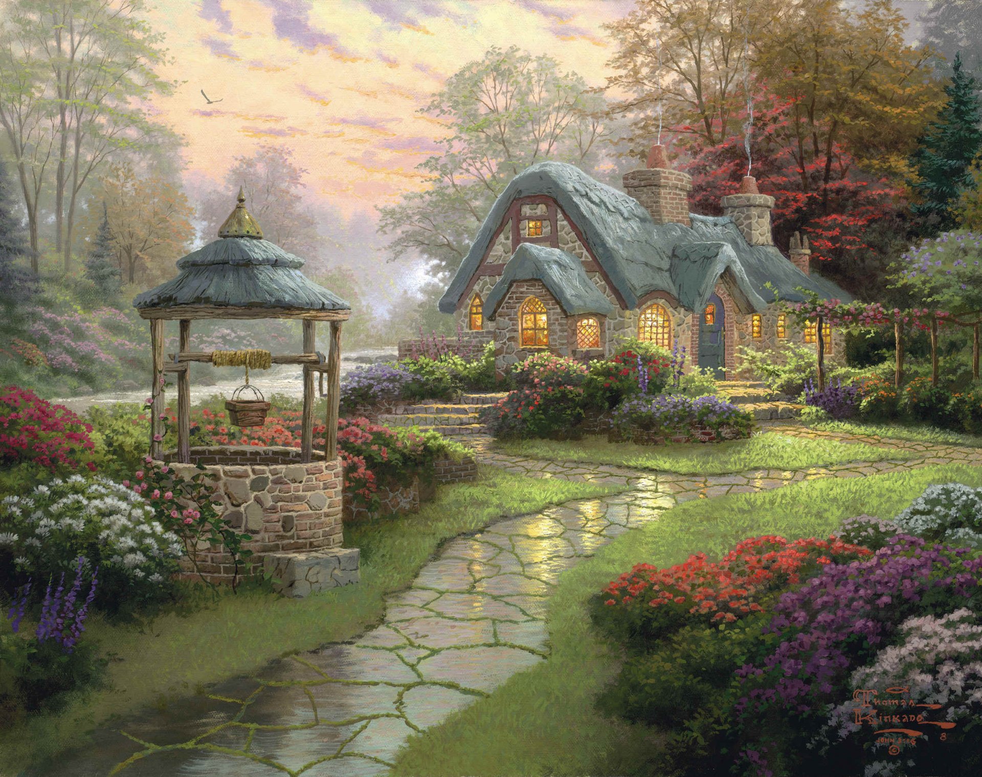 landschaft thomas kincaid wünsche dir cottage malerei wald blumen cottage gehweg brunnen