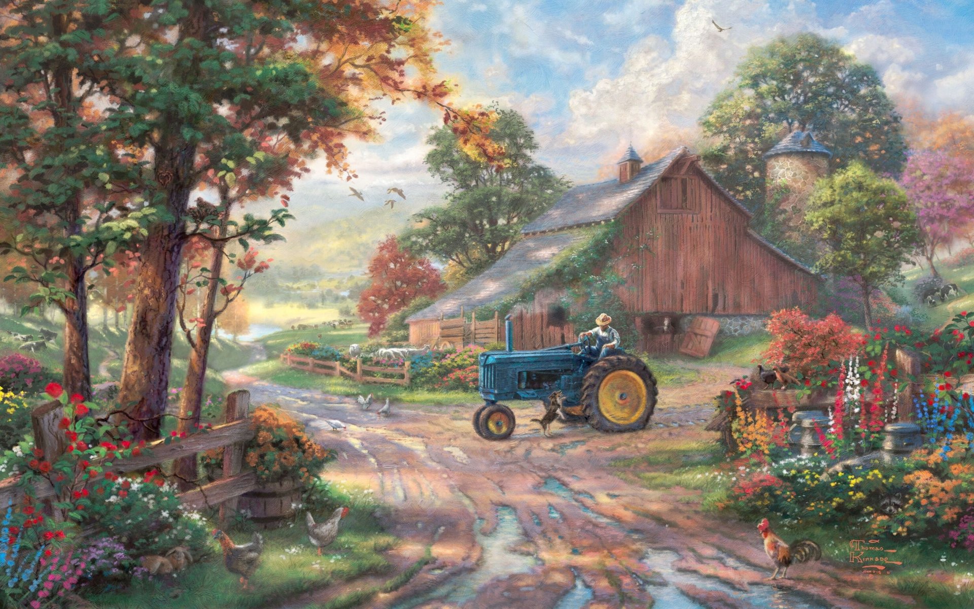 herencia de verano thomas kincaid pintura kincaid granja verano tractor hombre granero animales perro árboles estanque verano animales flores