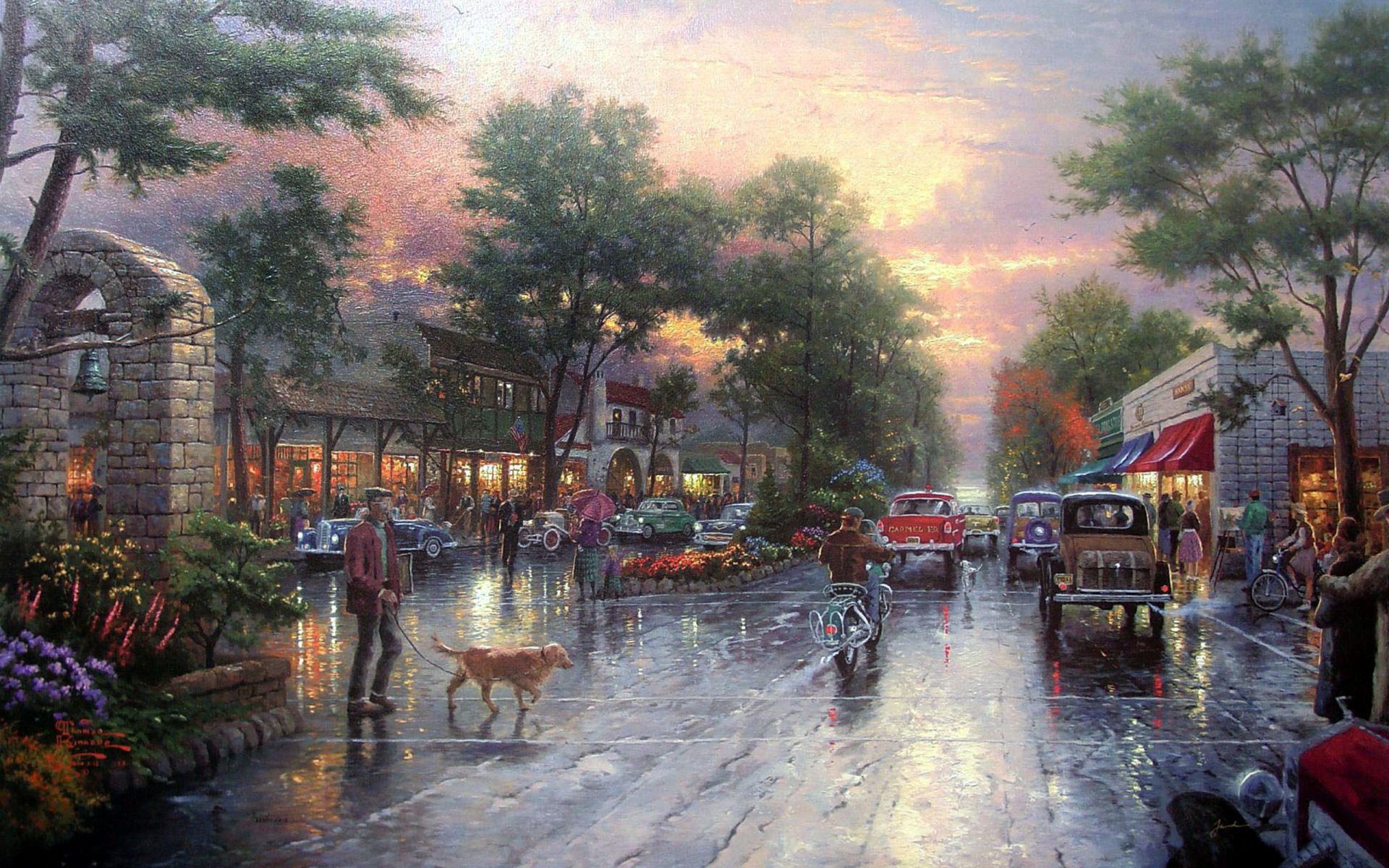 thomas kincaid carmel puesta de sol en ocean avenue pintura avenida coches ciudad casas kincaid calle puesta de sol ciudad avenida callejón carretera retro campana edificios