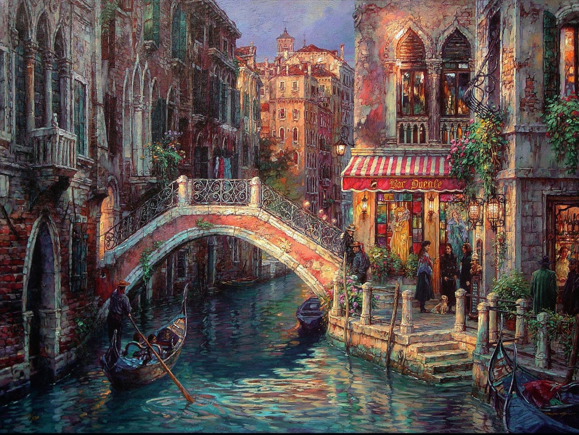 peinture venise italie cao yun rue canal pont maisons balcons gondole marches personnes