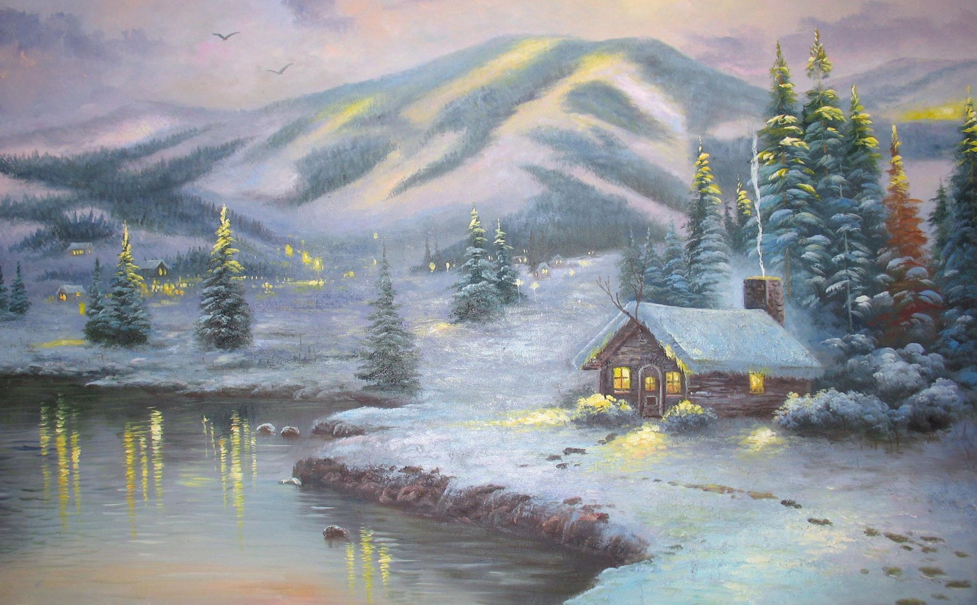 thomas kincaid pittura olimpico montagna sera pittura paesaggio inverno inverno neve montagna cabine lago sera luci abete