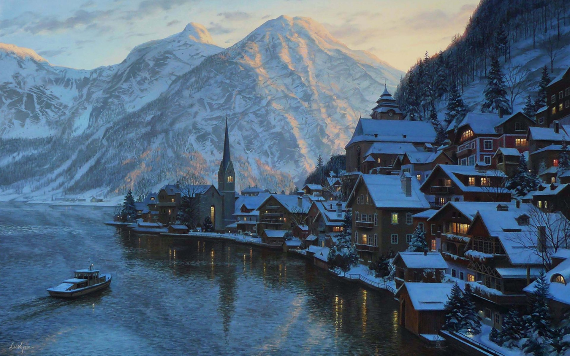 eugene lushpin hallstatt malerei alpen österreich lushpin stadt dorf see berg berg abend salzburg hallstätter see hallstattsee häuser kapelle boot sonnenuntergang eugene lushpin lushpin landschaft winter schnee katt