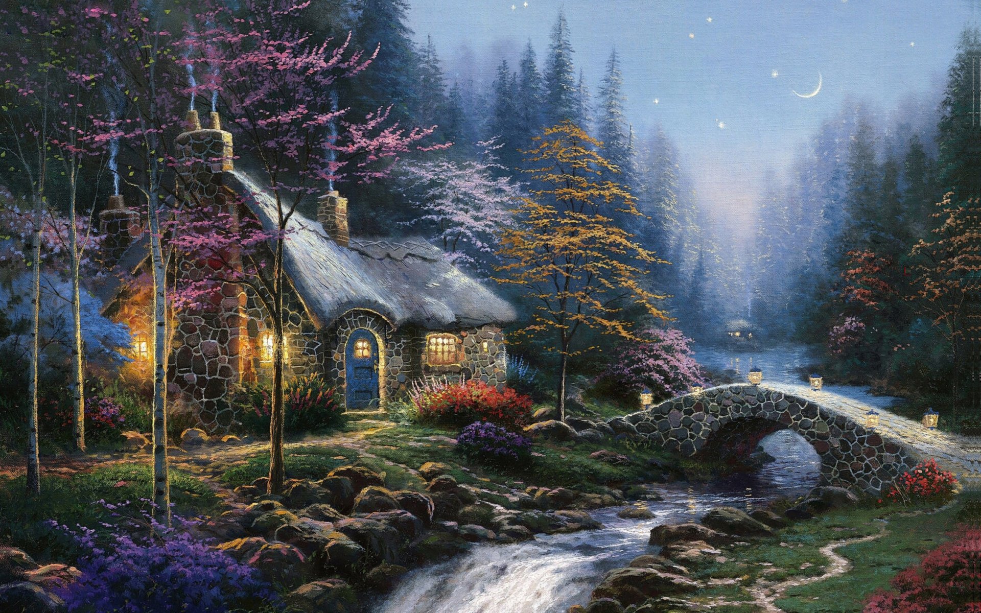 twilight cottage thomas kinkade painting twilight moon forest spruce river cottage bridge lamps autumn