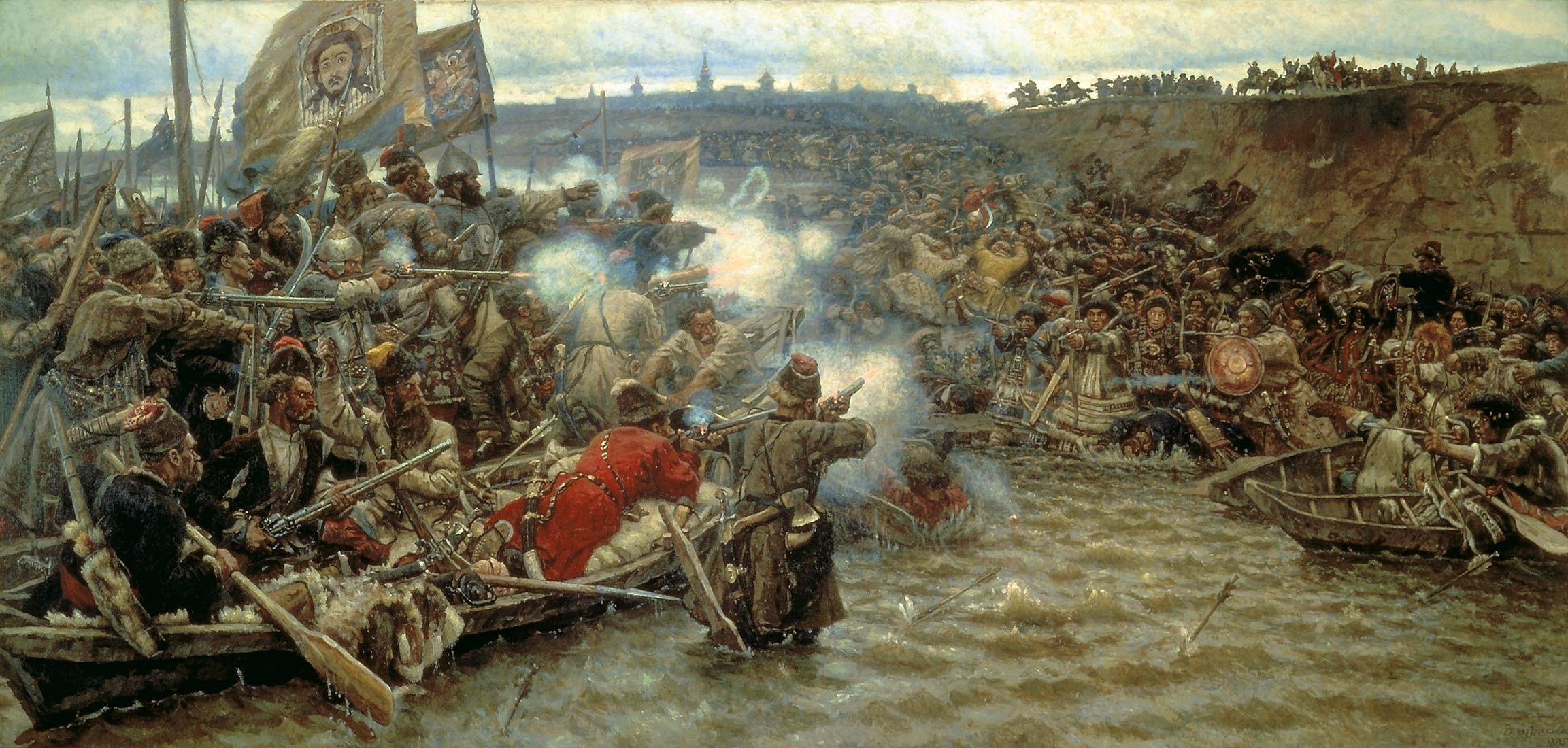 the conquest of siberia by yermak surikov history boat river water gun smoke flags banners icon