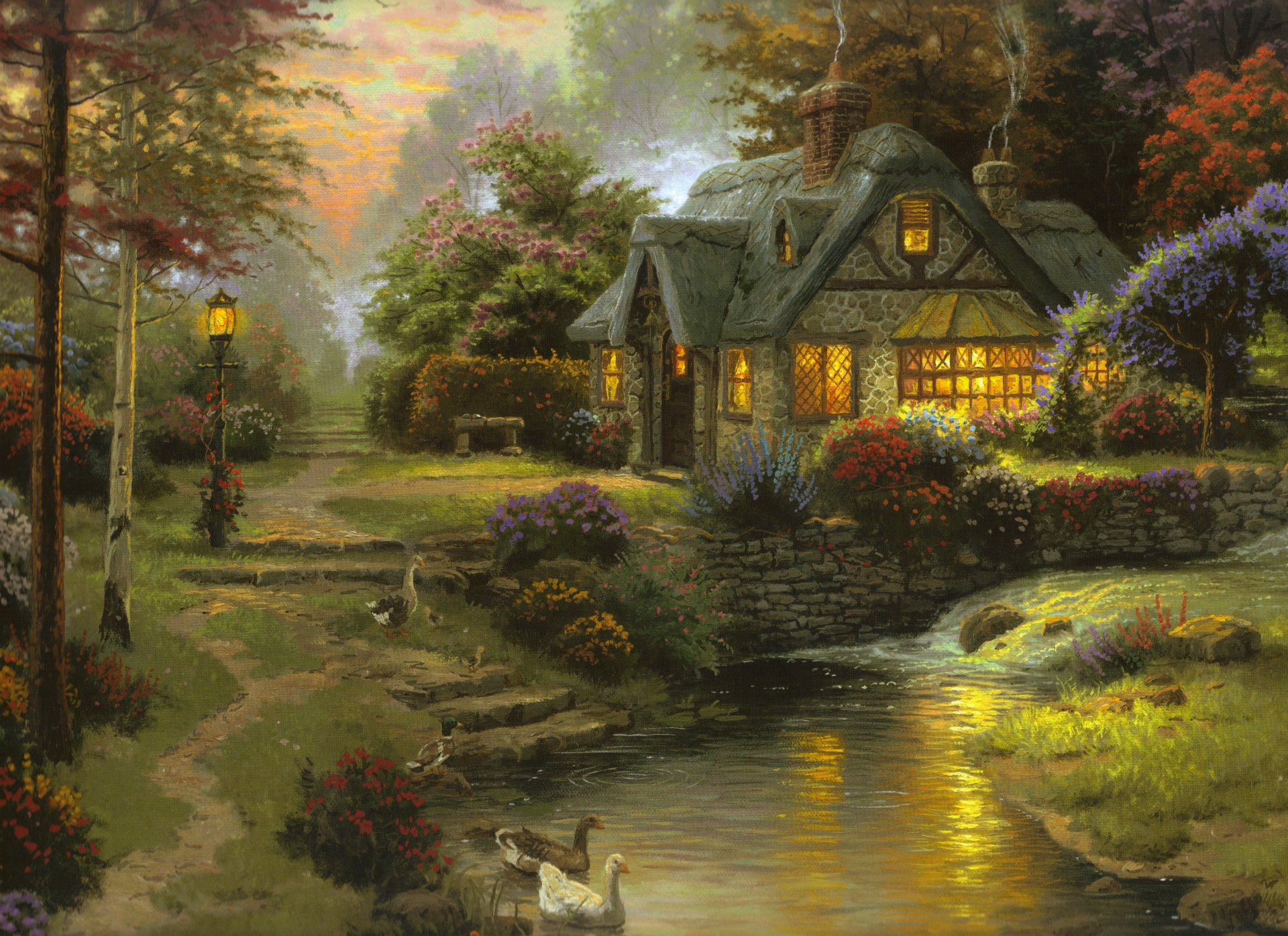 tillwater cottage thomas kinkade painting art cottage summer river night sunset bench geese