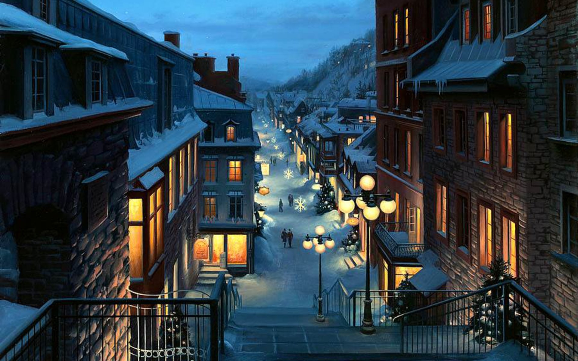 vieux-québec eugène lushpin peinture noël arbres de noël soirée lanternes hiver neige ville québec canada canadien province maison rue côté rue eugène lushpin lushpin paysage province sapin