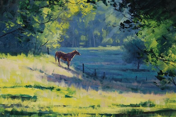 A lonely horse among green trees