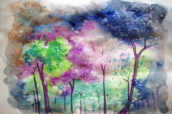 Arbres multicolores dessinés à l aquarelle