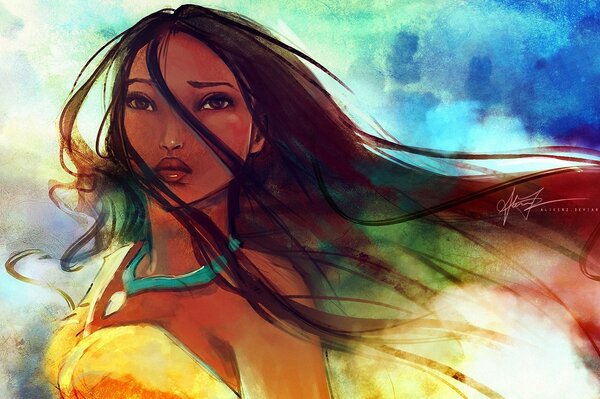 Pocahontas con cabello en desarrollo en el viento