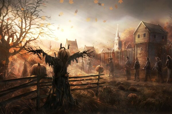 Art autumn trees houses scarecrow