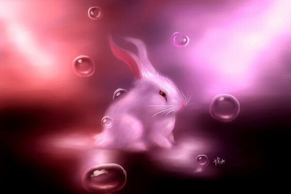 Lapin blanc dans des bulles roses