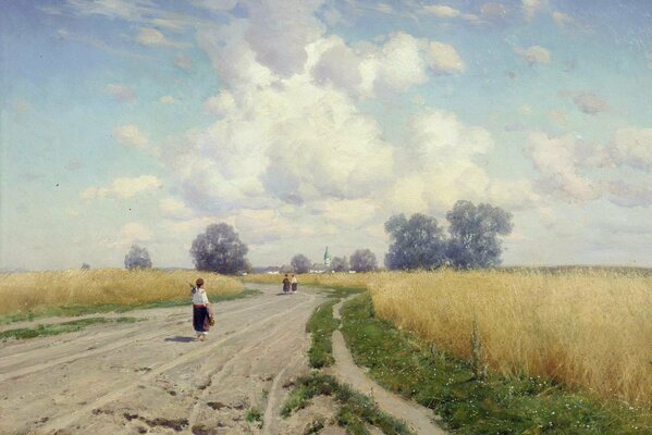 Picture of a woman walking down the road in a field