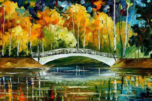 Pont blanc à l automne. Peinture à l huile