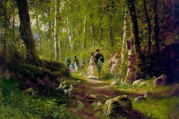 Ein Bild von Shishkin. Menschen, die im Wald spazieren gehen