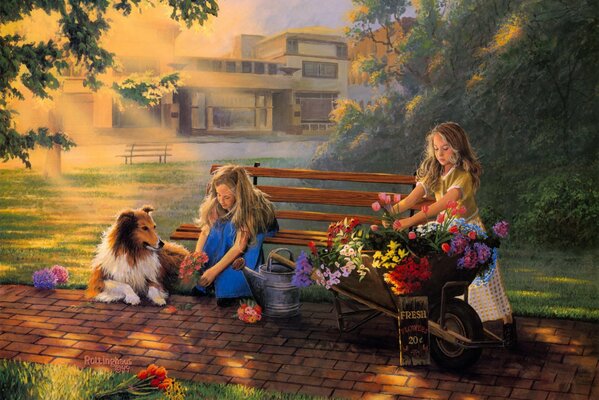 Girls prepare small bouquets sitting on a bench