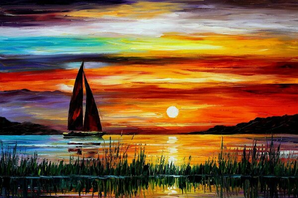 Pintura de Leonid Afremov con un barco al atardecer