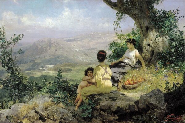 Two girls and a child are resting under a tree