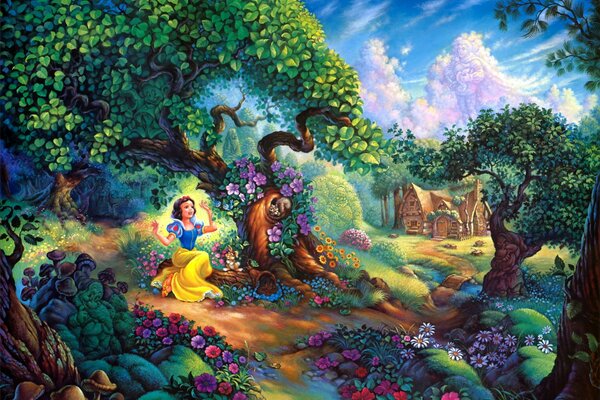 Snow White woke up in the forest near the dwarves house