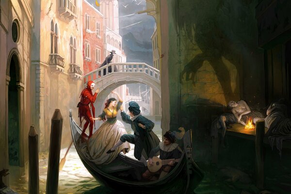 People in a boat, Venice at dusk