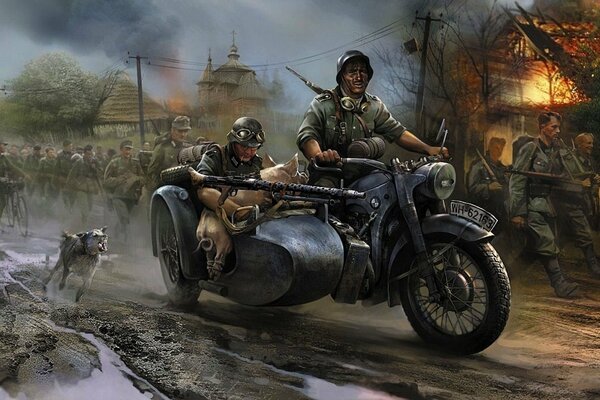 Painting Germans on a motorcycle war