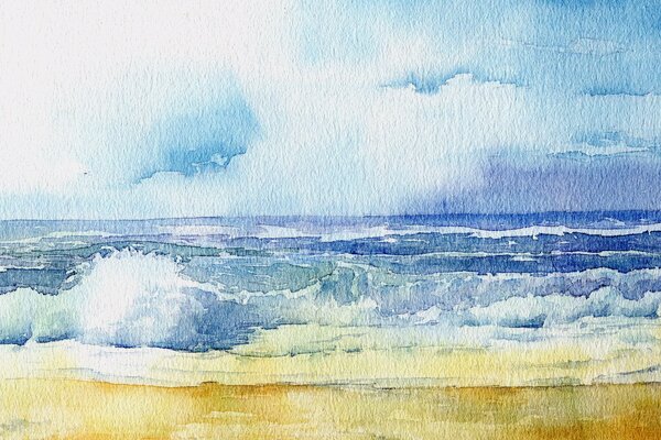 Watercolor sea waves and yellow sand