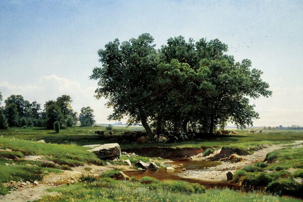 Trees in a field are depicted. A herd is resting under the trees