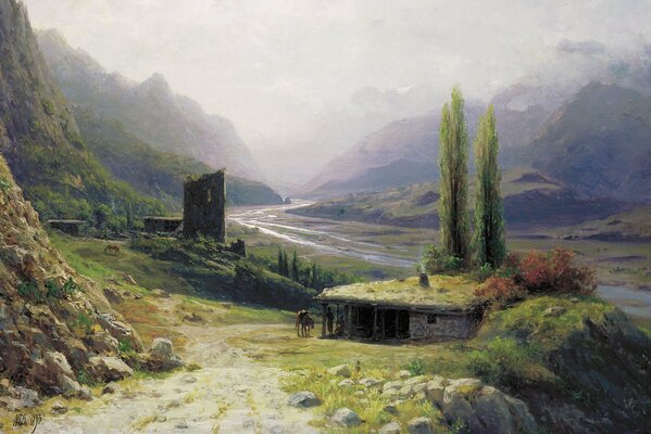 Pintura - paisaje garganta del Cáucaso