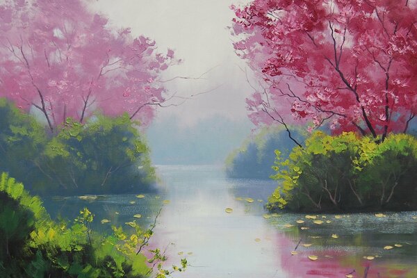 Painting cherry blossom near the river