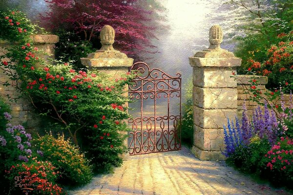 Thomas Kincaid painting a gate in flowers