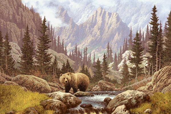 Landscape with mountains, river and brown bear