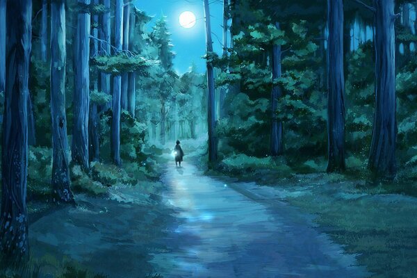 A girl with a flashlight walks along a night path