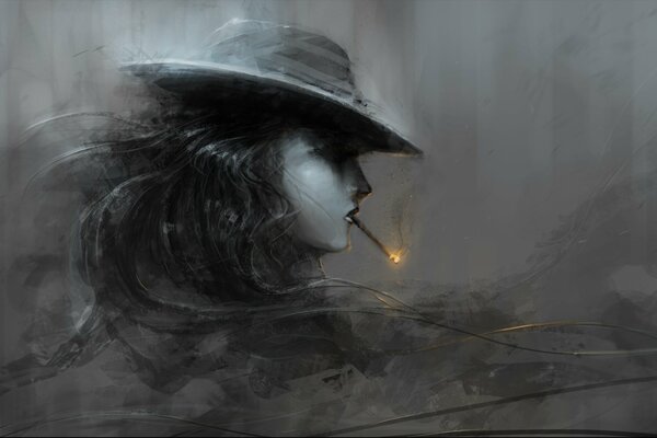 An unusual girl in a hat and with a cigar