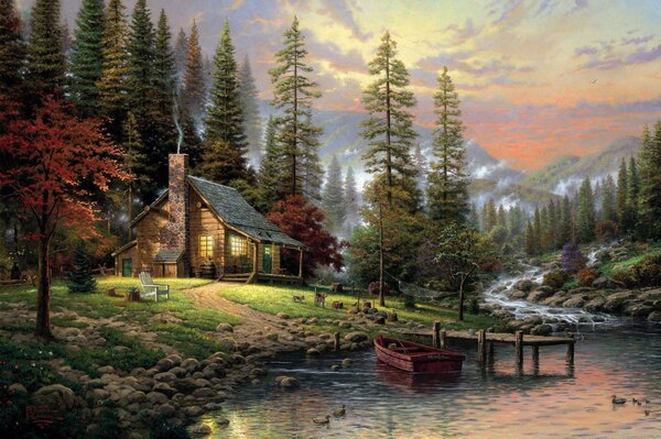 Painting of a cute house against the background of nature