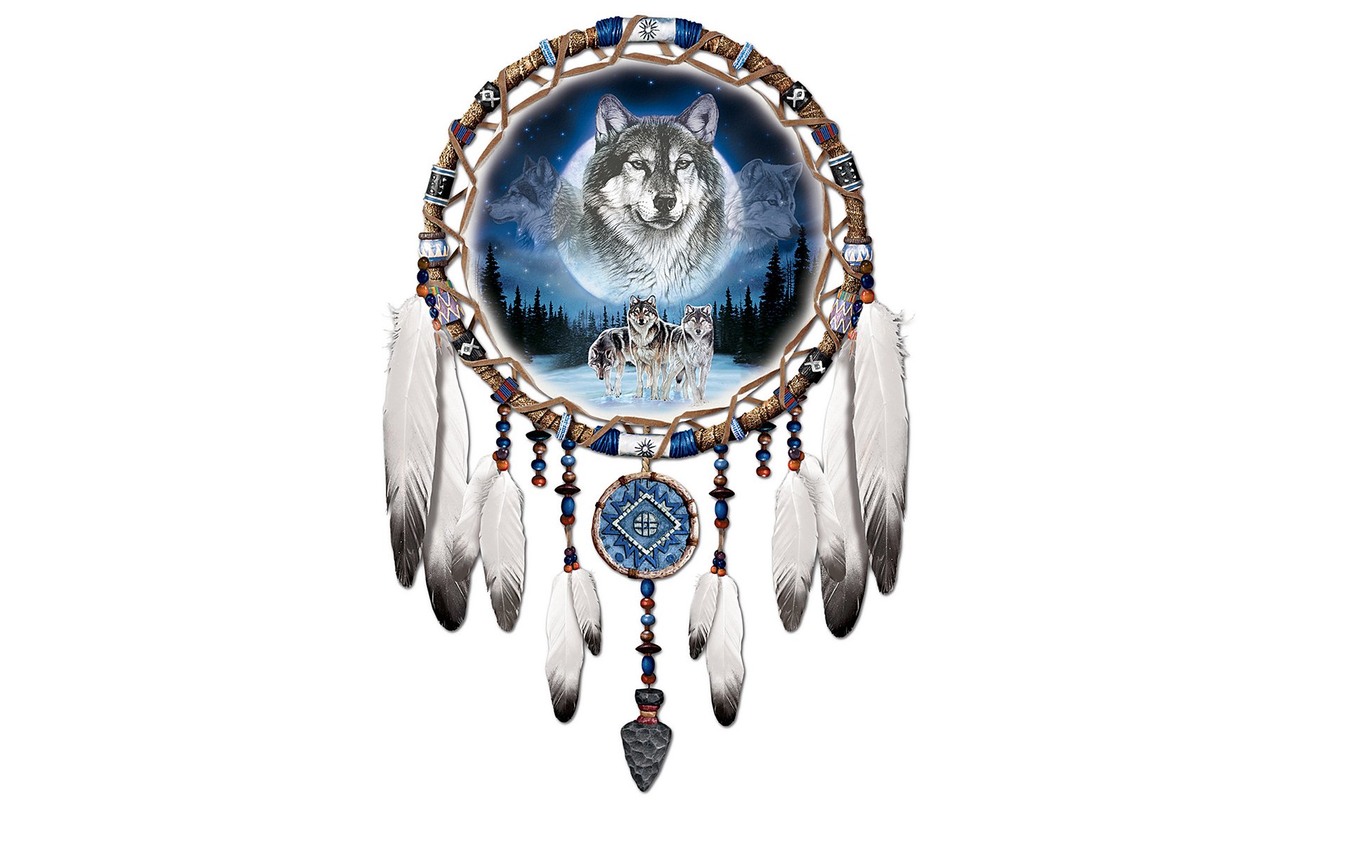 dreamcatcher loups plumes fond blanc loup