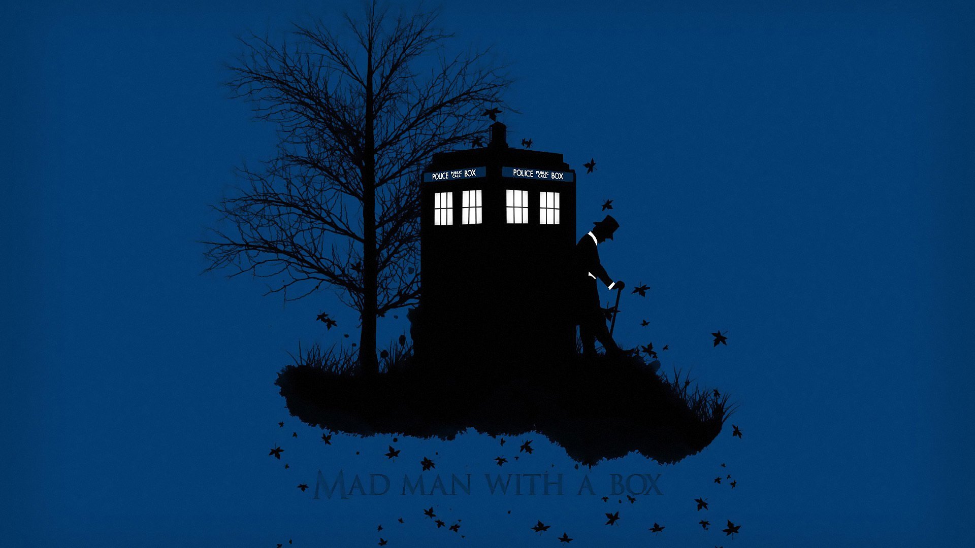 doctor who tardis cabine arbre feuilles herbe automne silhouette chapeau cylindre canne arrière-plan