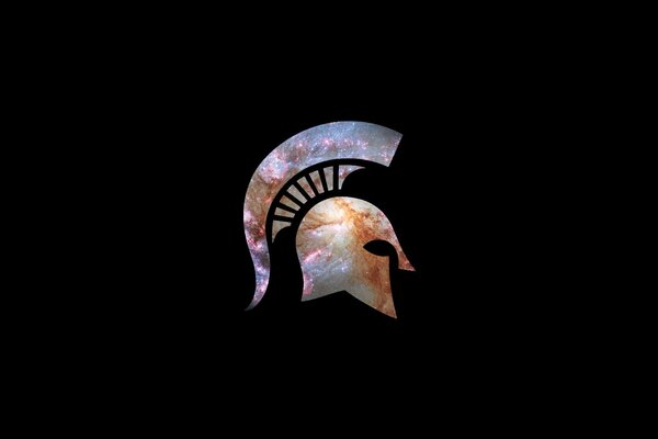 Logo auf schwarzem Hintergrund. Helm des Spartaners